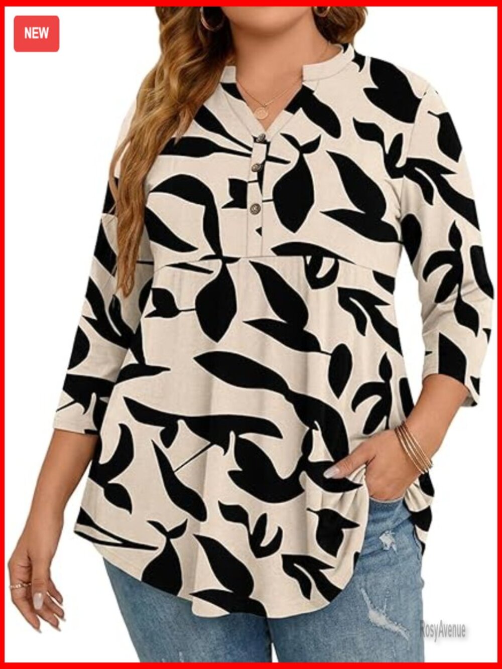 Plus Size Henley V Neck Button Up Tunic Top 3/4 Sleeve Flowy Blouse Loose Fit